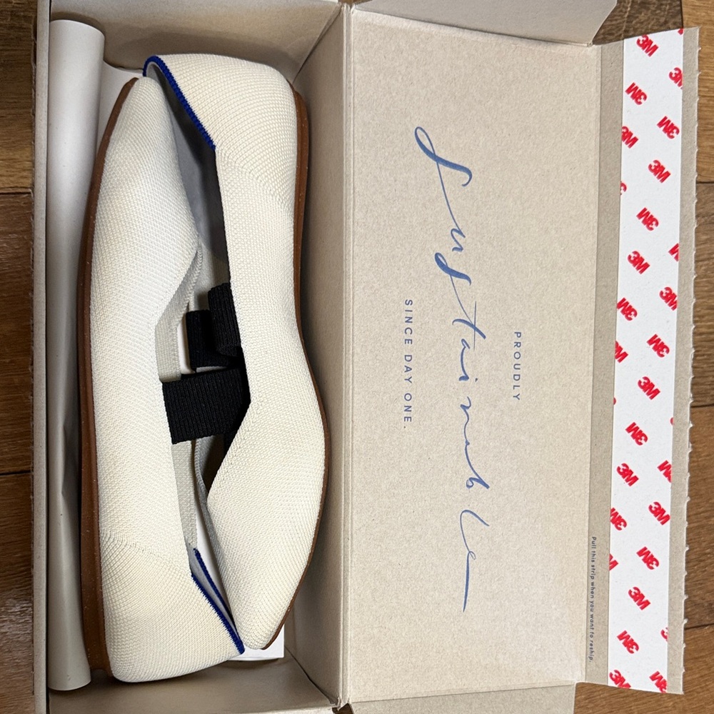 Rothy's Ivory Flats with Black Strap and Blue Lining - Picture 3 of 4
